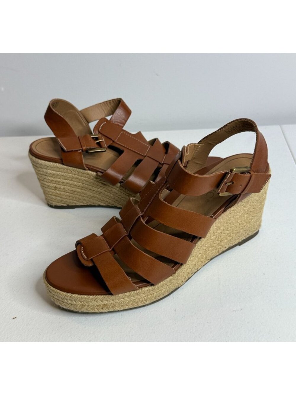 Vionic Jaylah Womens 8.5 Brown Leather Espadrille Wedge Sandals Strappy Boho